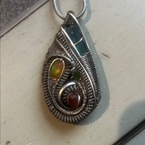 Elegant Silver Wire Wrapped Pendant with Multicolor Gemstones